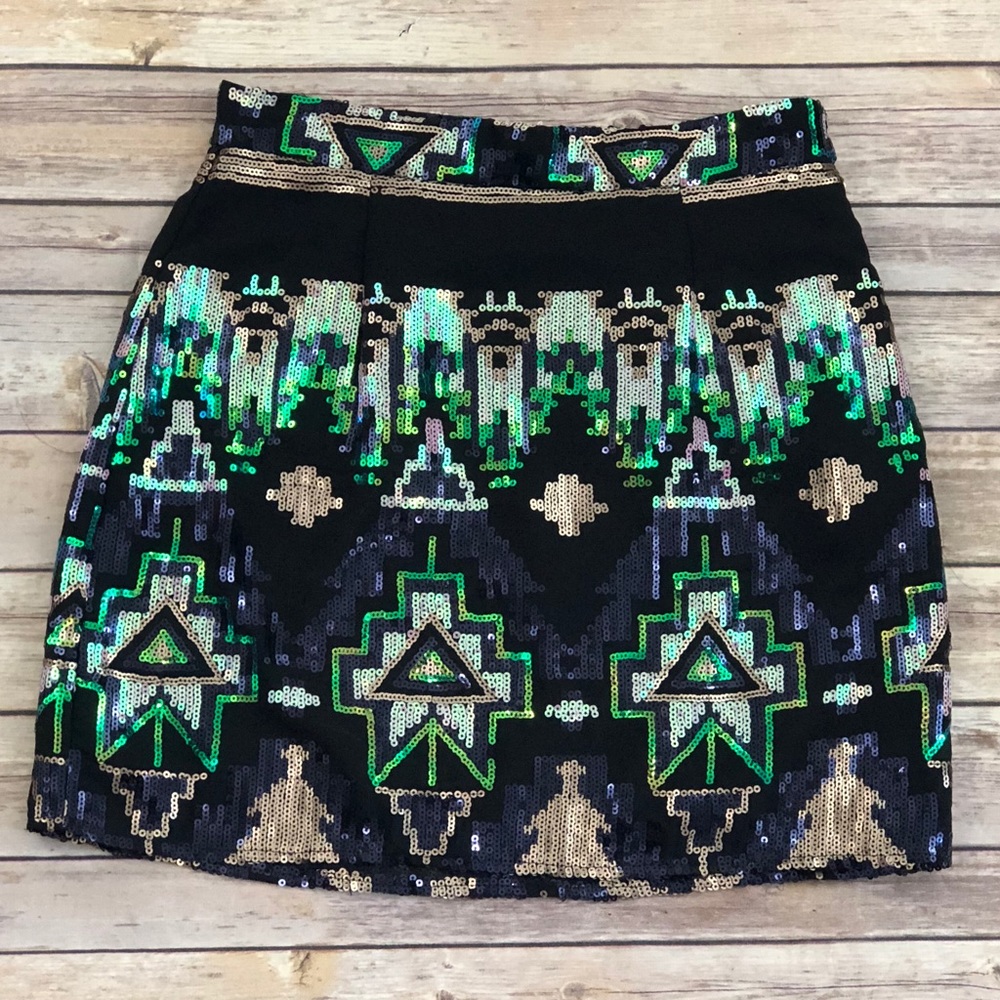 Show Me Your MuMu Geometric Sequin Mini Skirt in Black, Green, and Gold